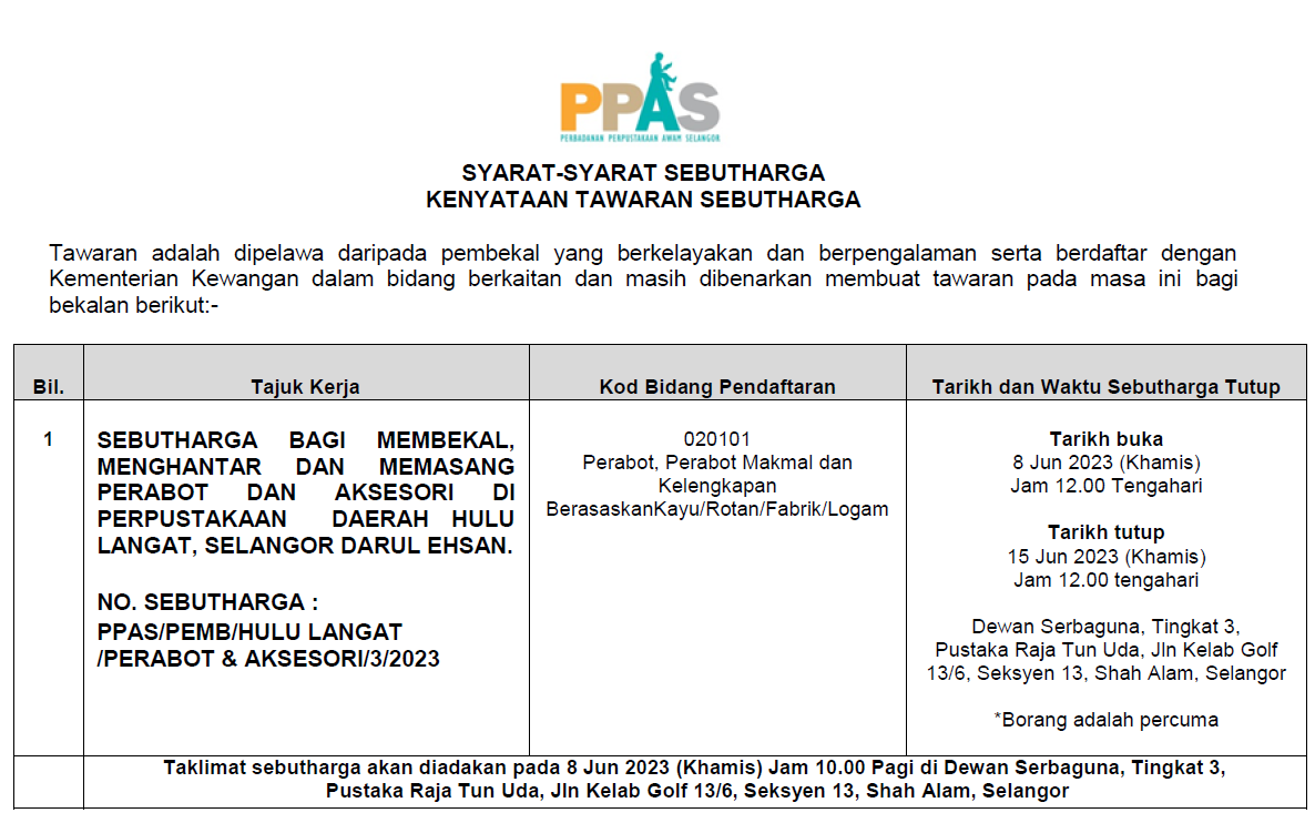 SEBUTHARGA BAGI MEMBEKAL, MENGHANTAR DAN MEMASANG PERABOT DAN AKSESORI DI PERPUSTAKAAN DAERAH HULU LANGAT, SELANGOR DARUL EHSAN