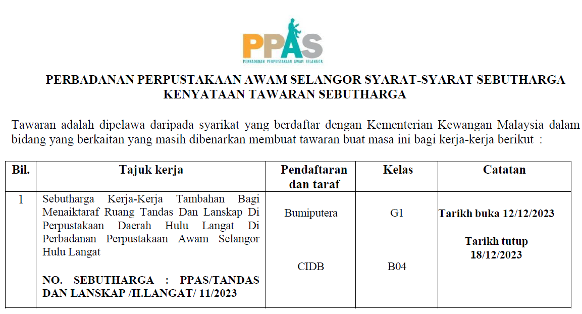 IKLAN TAWARAN SEBUTHARGA KERJA-KERJA MENAIKTARAF RUANG TANDAS DAN LANSKAP PERPUSTAKAAN DAERAH HULU LANGAT