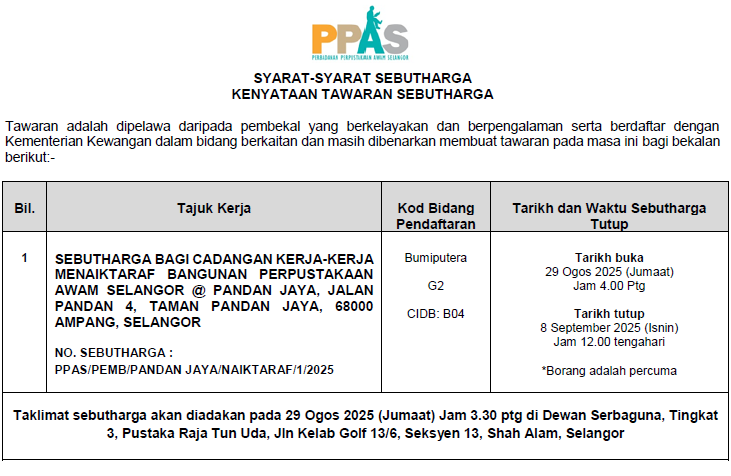 IKLAN SEBUTHARGA CADANGAN KERJA-KERJA MENAIK TARAF BANGUNAN PERPUSTAKAAN KOMUNITI PANDAN JAYA