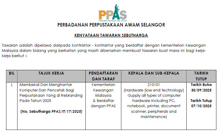 IKLAN SEBUTHARGA MEMBEKAL DAN MENGHANTAR KOMPUTER DAN PENCETAK PERPUSTAKAAN REBRANDING TAHUN 2025