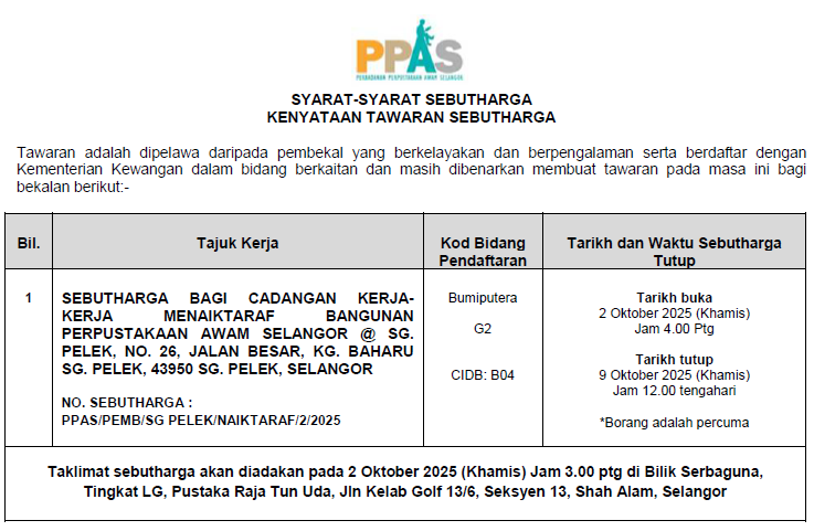 IKLAN SEBUTHARGA KERJA-KERJA MENAIKTARAF BANGUNAN PERPUSTAKAAN AWAM SELANGOR @ SUNGAI PELEK