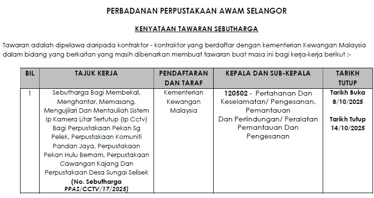 IKLAN SEBUTHARGA MEMBEKAL, MENGHANTAR, MEMASANG, MENGUJULARI, DAN MENTAULIAH SISTEM IP KAMERA LITAR TERTUTUP (IP CCTV)