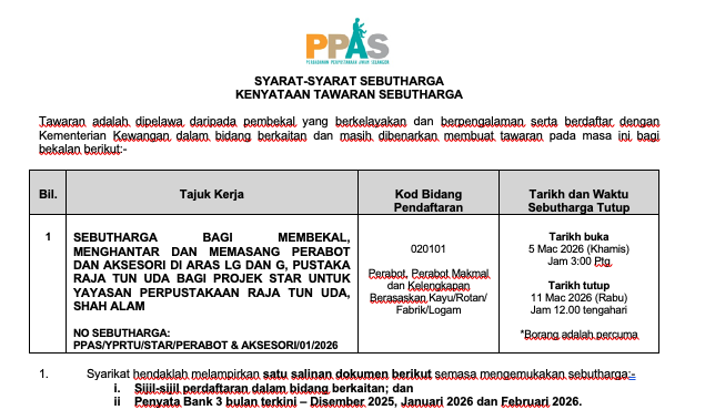SEBUTHARGA BAGI MEMBEKAL, MENGHANTAR DAN MEMASANG PERABOT DAN AKSESORI DI ARAS LG DAN G, PUSTAKA RAJA TUN UDA BAGI PROJEK STAR UNTUK YAYASAN PERPUSTAKAAN RAJA TUN UDA, SHAH ALAM 