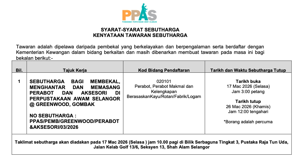 SEBUTHARGA BAGI MEMBEKAL, MENGHANTAR DAN MEMASANG PERABOT DAN AKSESORI DI PERPUSTAKAAN AWAM SELANGOR @ GREENWOOD, GOMBAK