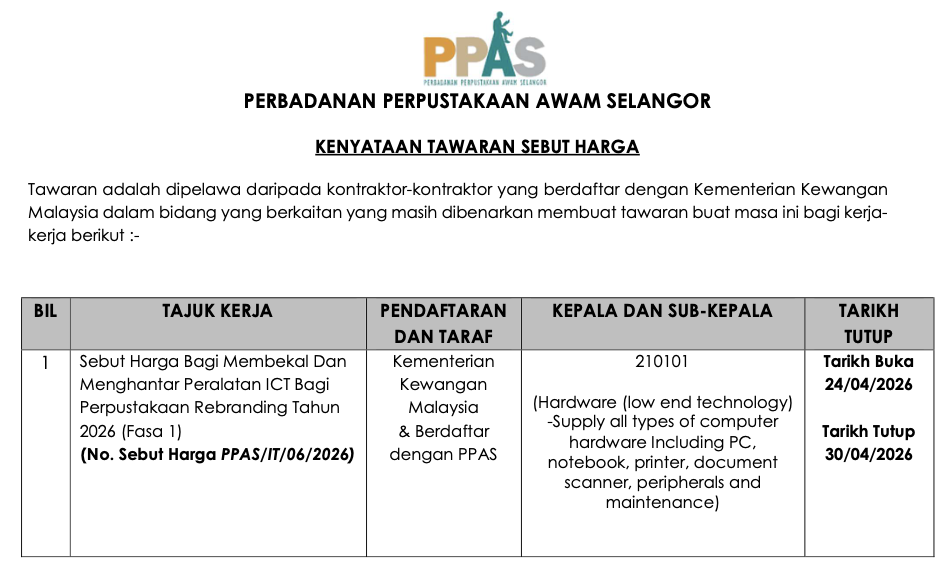 SEBUTHARGA BAGI MEMBEKAL DAN MENGHANTAR PERALATAN ICT BAGI PERPUSTAKAAN REBRANDING TAHUN 2026 (FASA 1)