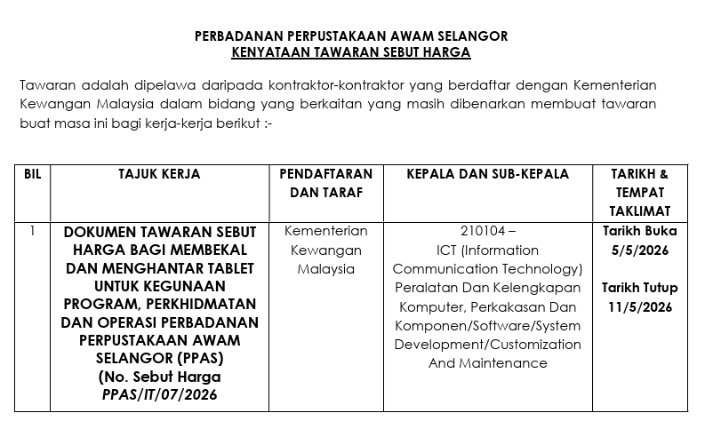 SEBUTHARGA BAGI MEMBEKAL DAN MENGHANTAR TABLET UNTUK KEGUNAAN PROGRAM, PERKHIDMATAN DAN OPERASI PERBADANAN PERPUSTAKAAN AWAM SELANGOR (PPAS)