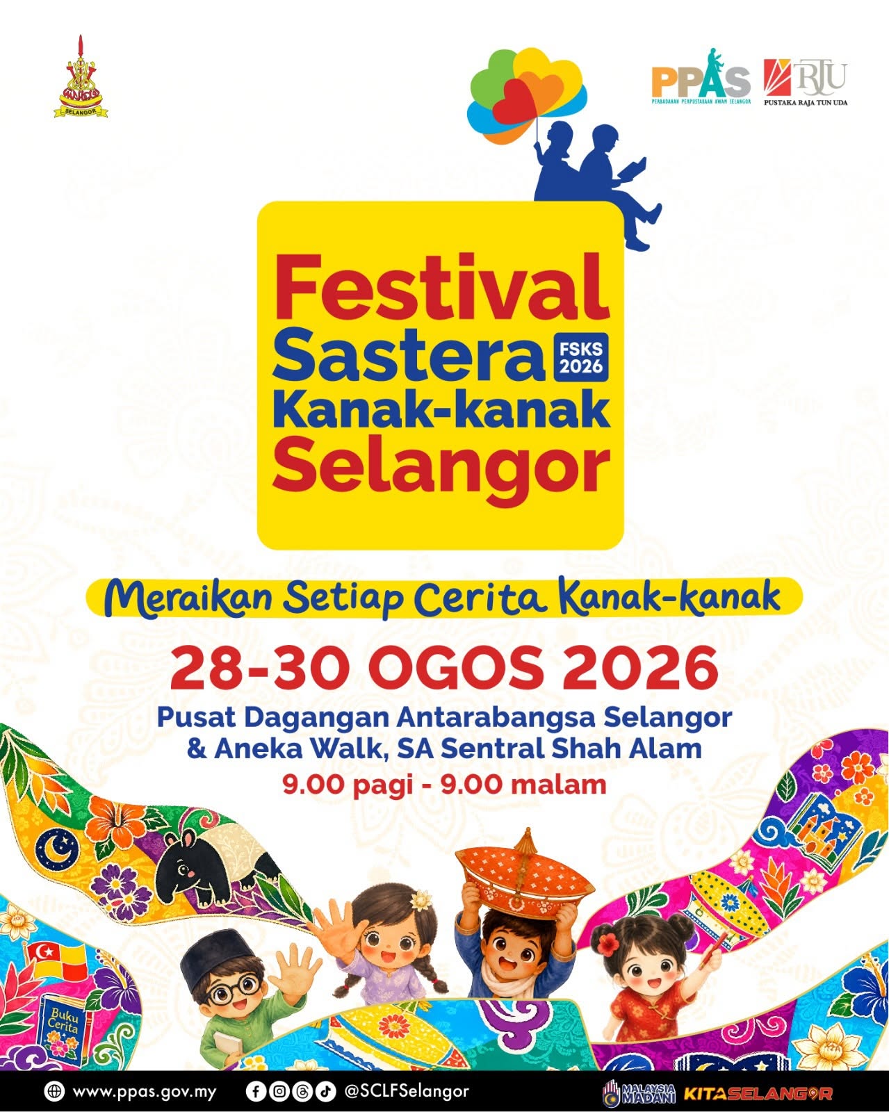 Poster Festival Sastera Kanak-kanak Selangor 2026 — 28-30 Ogos 2026
