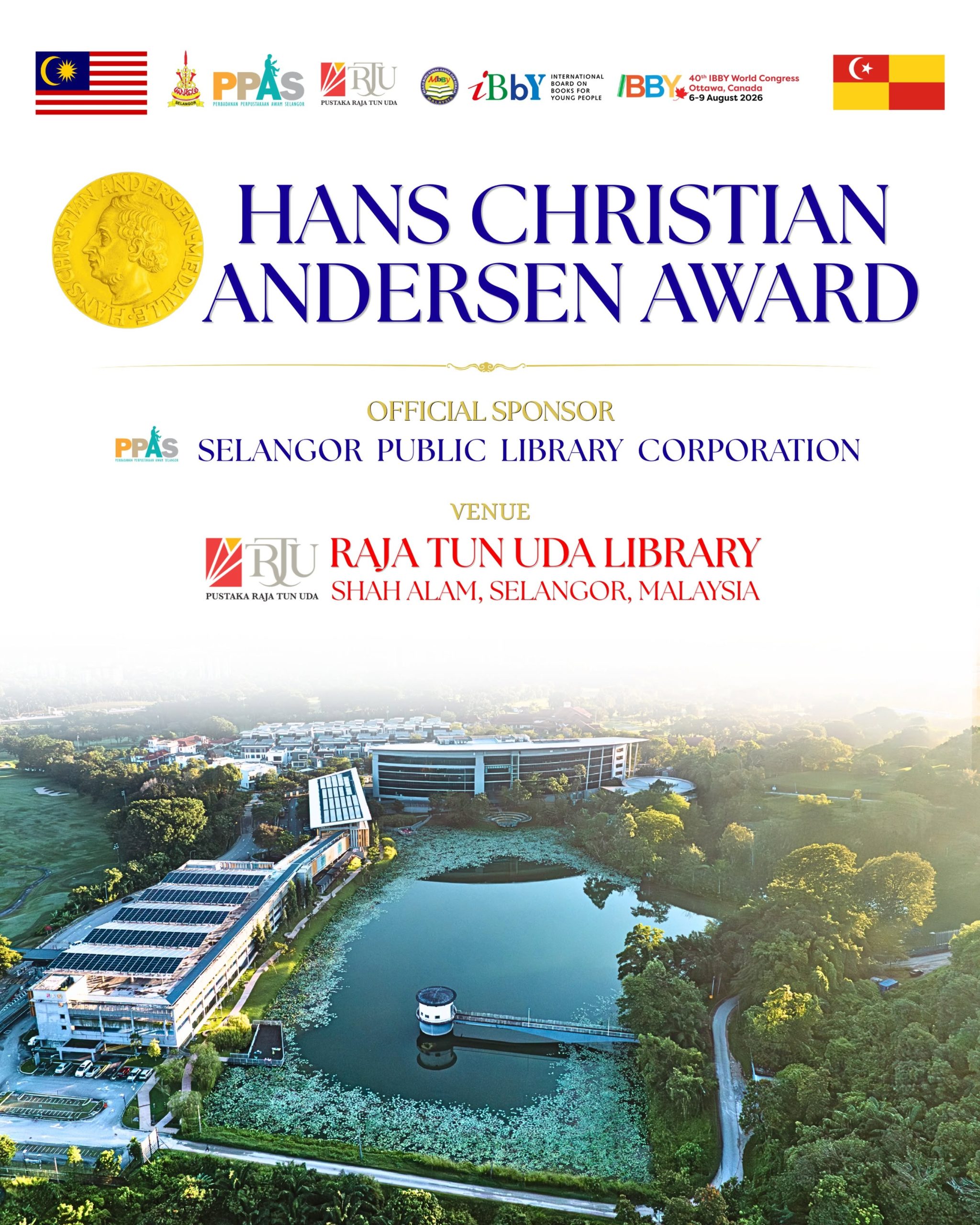 Hans Christian Andersen Award official sponsor announcement featuring PPAS and Raja Tun Uda Library, Shah Alam, Selangor, Malaysia.