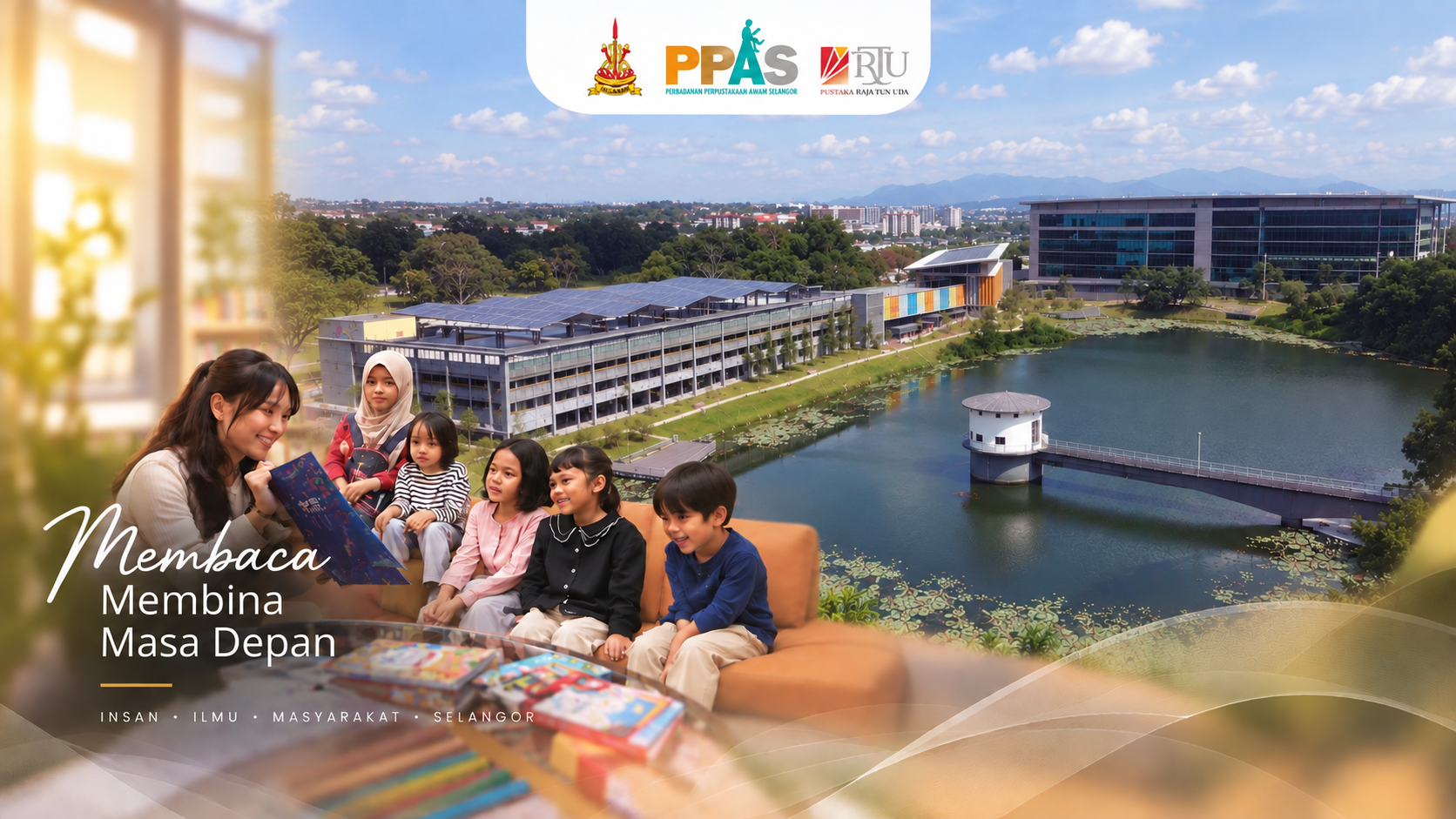 Pustaka Raja Tun Uda library building at dusk with Malaysian families reading together