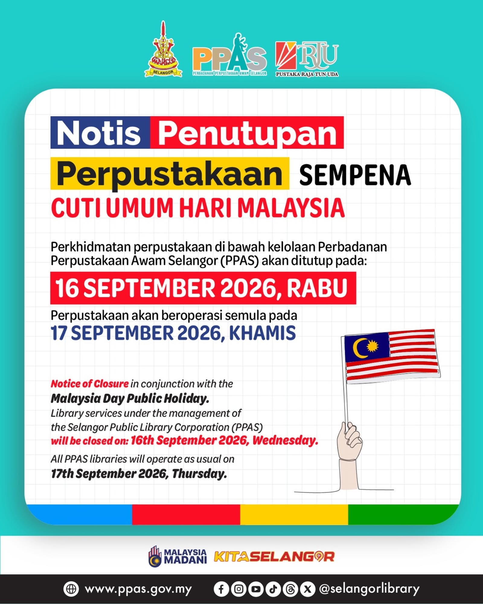 Poster Selamat Hari Malaysia 2026 dan notis penutupan perpustakaan PPAS pada 16 September 2026
