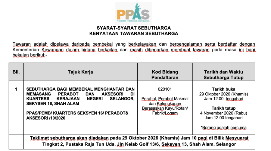 SEBUTHARGA BAGI MEMBEKAL MENGHANTAR DAN MEMASANG PERABOT DAN AKSESORI DI KUARTERS KERAJAAN NEGERI SELANGOR, SEKYSEN 16, SHAH ALAM 