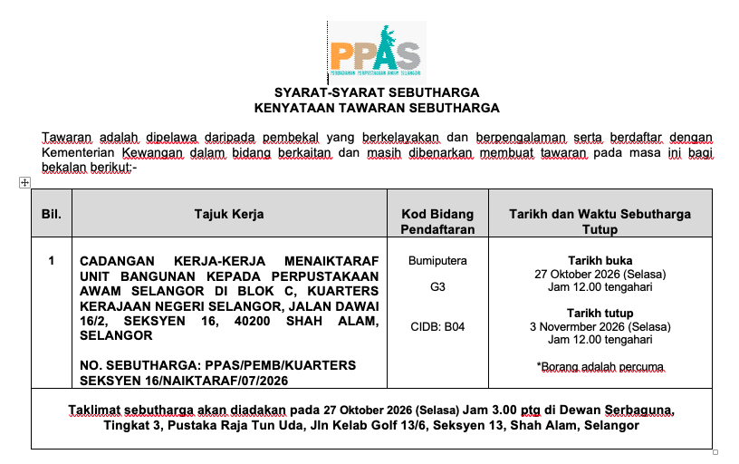 CADANGAN KERJA-KERJA MENAIKTARAF UNIT BANGUNAN KEPADA PERPUSTAKAAN AWAM SELANGOR DI BLOK C, KUARTERS KERAJAAN NEGERI SELANGOR, JALAN DAWAI 16/2, SEKSYEN 16, 40200 SHAH ALAM, SELANGOR